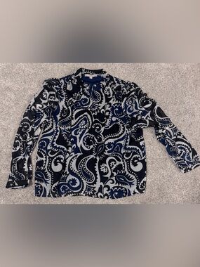 LOFT Navy and White Paisley Long Sleeve Shirt